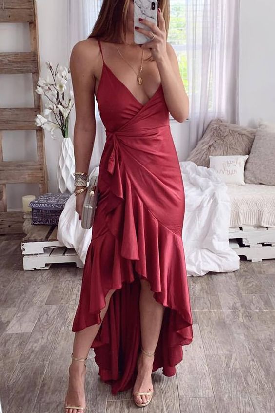 Spaghetti Straps Wrap Tied Sexy High Low Mermaid Prom Dress cg13011