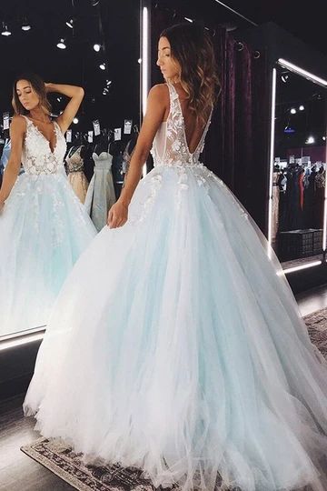 Blaues langes Ballkleid aus Tüll mit V-Ausschnitt, blaues Abendkleid aus Spitze, cg13029