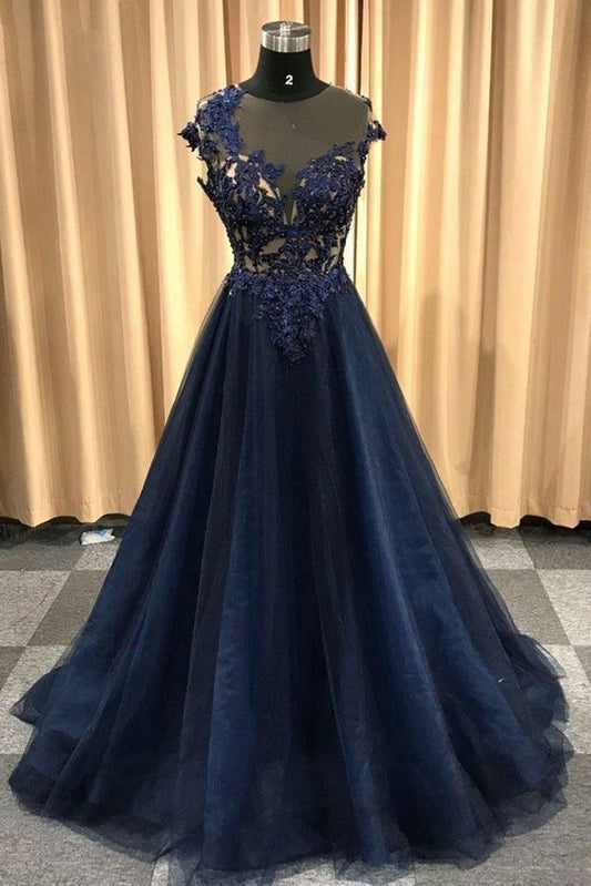 Marineblaues Abendkleid aus Tüll mit Rundhalsausschnitt und langen Flügelärmeln, Ballkleid cg13034