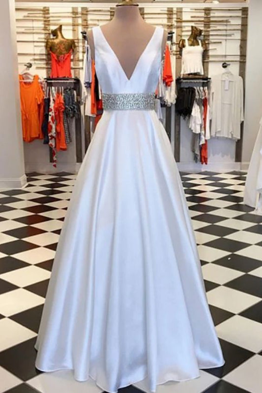 A-Linie, V-Ausschnitt, bodenlanges weißes Satin-Ballkleid mit Perlenbesatz, cg13042