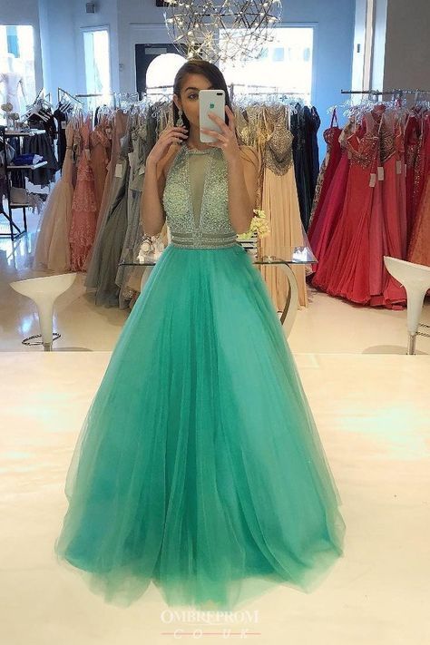 Grünes A-Linien-Ballkleid mit Perlenbesatz, bodenlanges Tüll-Abendkleid, durchsichtig, lange Partykleider, cg13046
