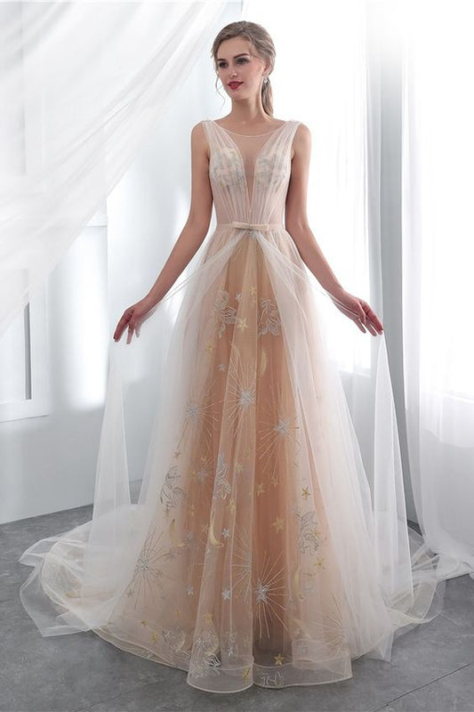 Klassisches, rückenfreies, langes Ballkleid aus Champagner-Tüll, cg13049