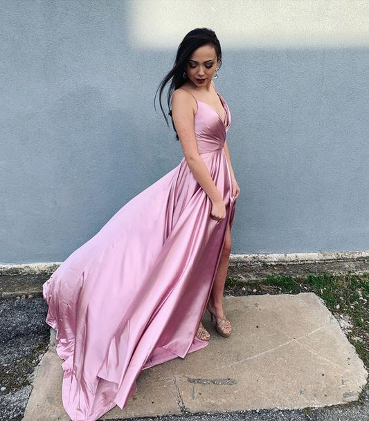 Elegantes A-Linien-Ballkleid in Rosa mit Schlitz cg13051