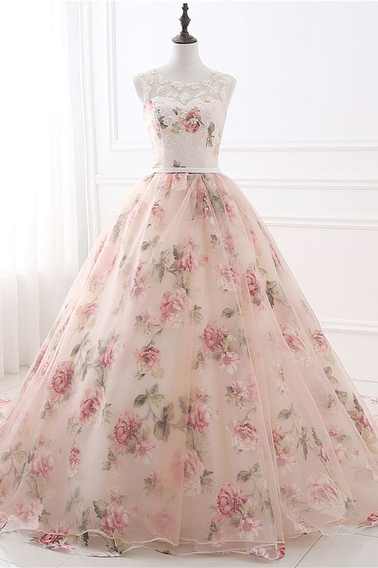 Elegantes, ärmelloses, langes Ballkleid in A-Linie mit Blumenmuster, cg13052