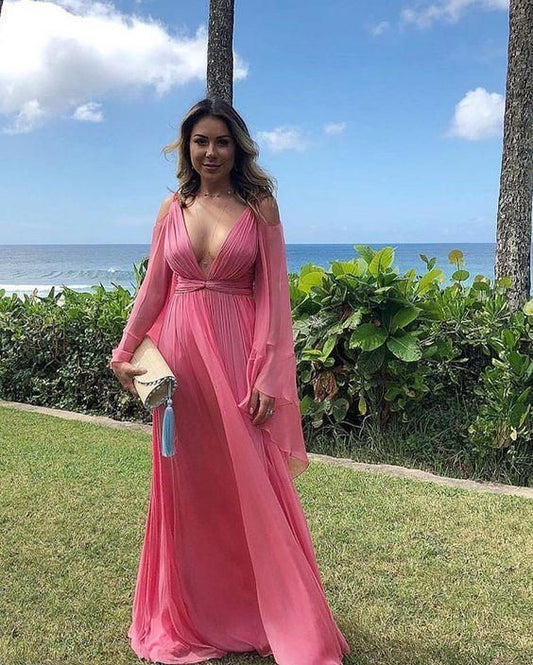 Sexy Deep V Kragen Langarm Langes Expansion Urlaubskleid, rückenfreies Abendkleid, Chiffon-Ballkleid cg13060