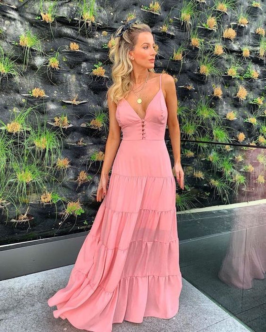 Langes Ballkleid mit tiefem V-Ausschnitt, rosa Ballkleid cg13063