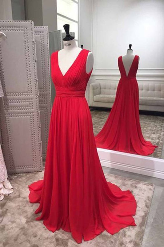 Schlichtes rotes Chiffon-Brautjungfernkleid mit V-Ausschnitt, rotes Ballkleid cg13067