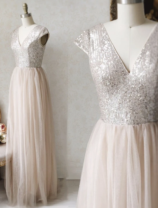 A-Linie V-Ausschnitt Tüll Pailletten langes Ballkleid Abendkleid cg13072