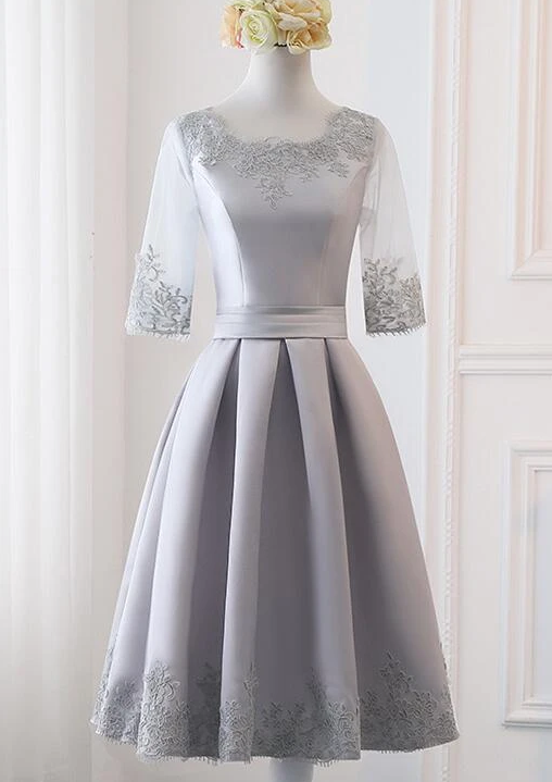 Grey Simple Knee Length Satin Short Sleeves Party Dress, Wedding Party Dress Homecoming Dress cg13076