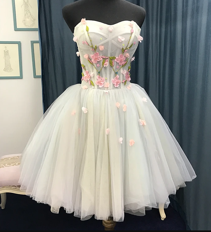 Beautiful Light Blue Short Sweetheart Homecoming Dress, Tulle Flowers Party Dress cg13077