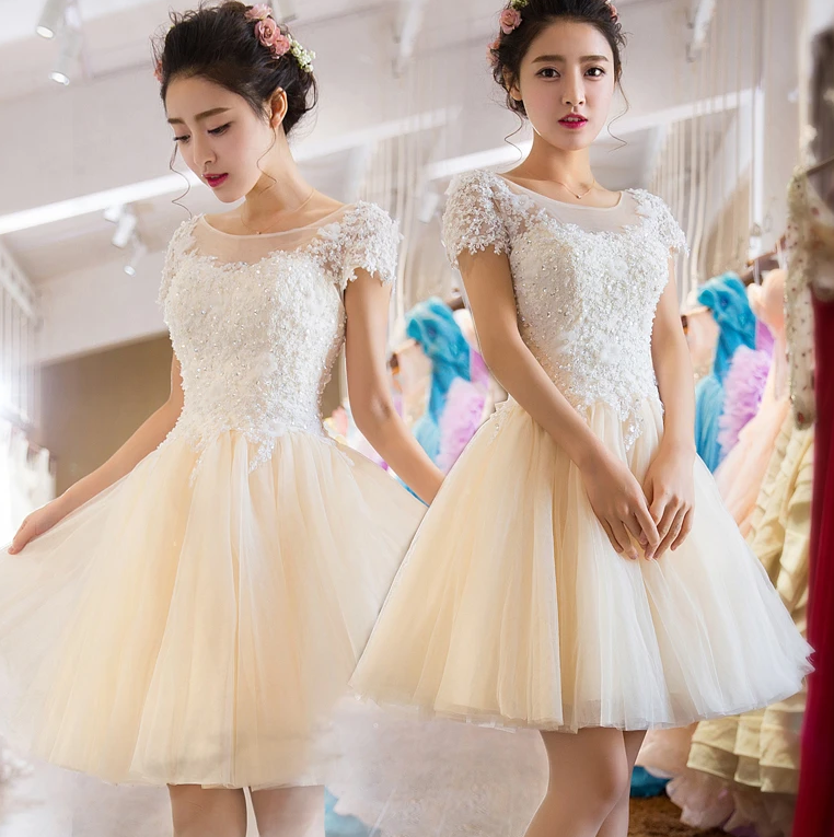 Light Champagne Tulle Short Party Dress, Lace Applique With Beadings Homecoming Dress cg13078