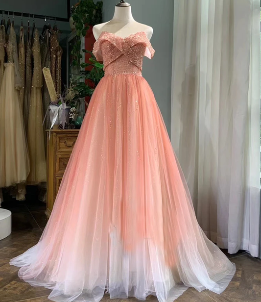 Wunderschönes rosa Tüll-Partykleid mit Farbverlauf und Perlen, schulterfrei, rosa Ballkleid cg13081