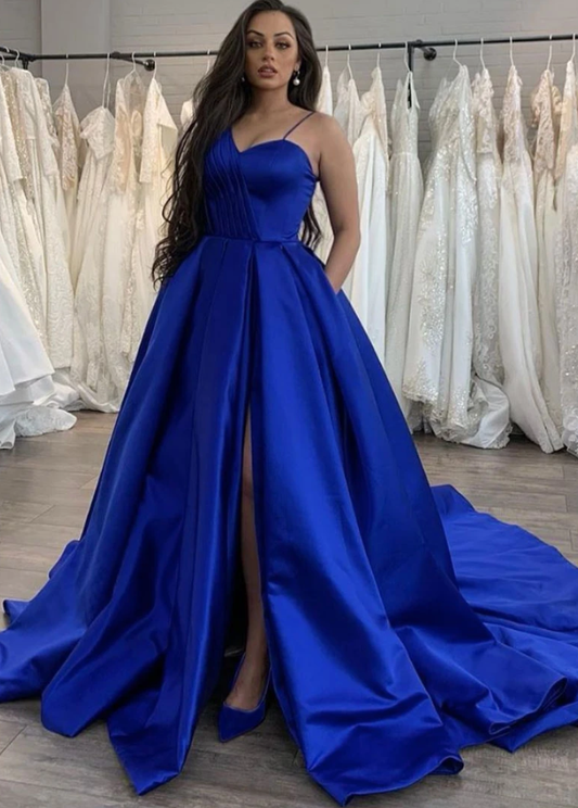 Schlichtes langes Ballkleid aus blauem Satin, blaues Abendkleid cg13084