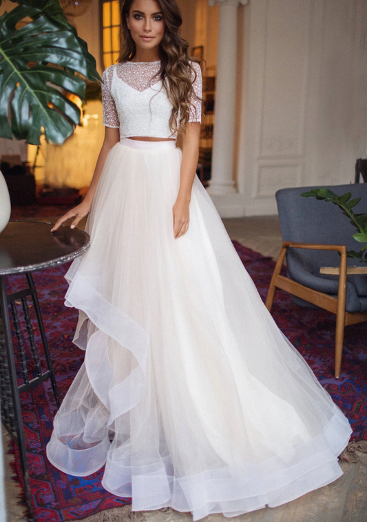 Beiges zweiteiliges langes Ballkleid aus Tüll, beiges Abendkleid, cg13085