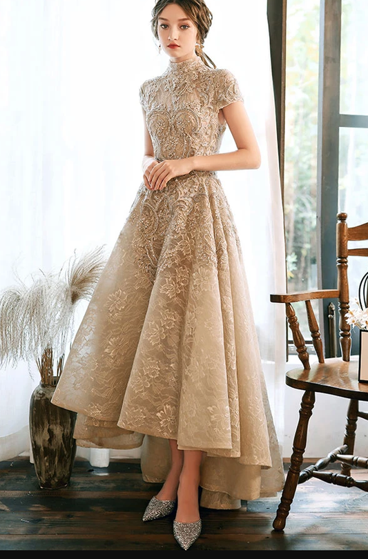 Helles Champagner-Spitzen-Satin-Ballkleid, Champagner-Abendkleid, cg13087