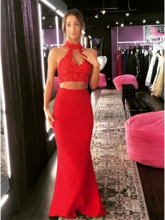 Zweiteiliges langes rotes Meerjungfrau-Ballkleid mit Neckholder und Applikationen cg13130