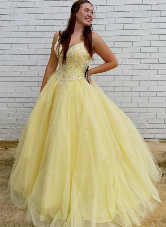 Gelbes Tüll-Perlen-Langes Ballkleid-Abschlussballkleid-formelles Kleid cg13131