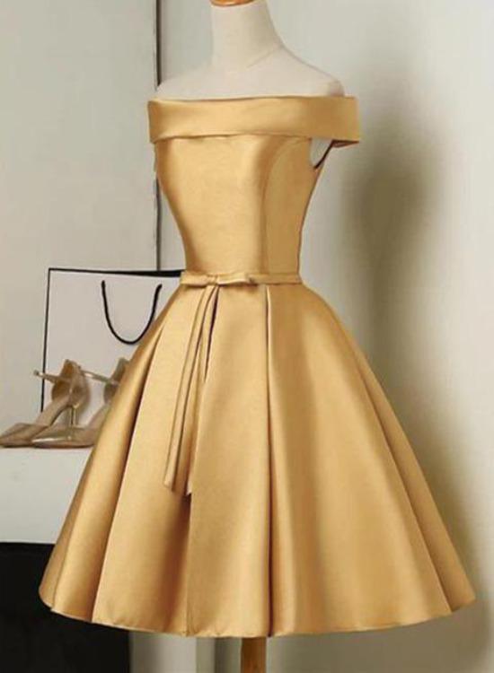 Cute Golden Satin Knee Length Off Shoulder Dress, Short Homecoming Dre classygown Cute Golden Satin Knee Length Off Shoulder Dress, Short Homecoming Dre classygown