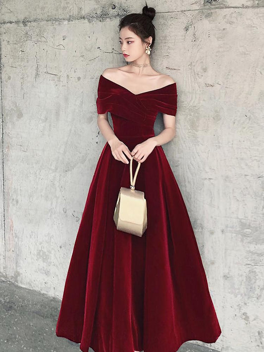 Elegantes langes Party-Ballkleid aus burgunderrotem Samt, A-Linien-Abendkleid cg13133