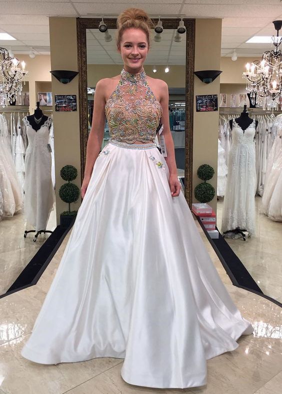 Shinning rhinestone strapless two pieces white satin full length sweet 16 prom dresses cg13137