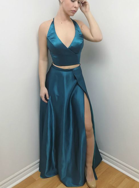 Sexy Abendkleid, neue Mode, sexy Abendkleid, V-Ausschnitt, zweiteilig, rückenfrei aus blauem Satin mit hohem Schlitz, cg13138