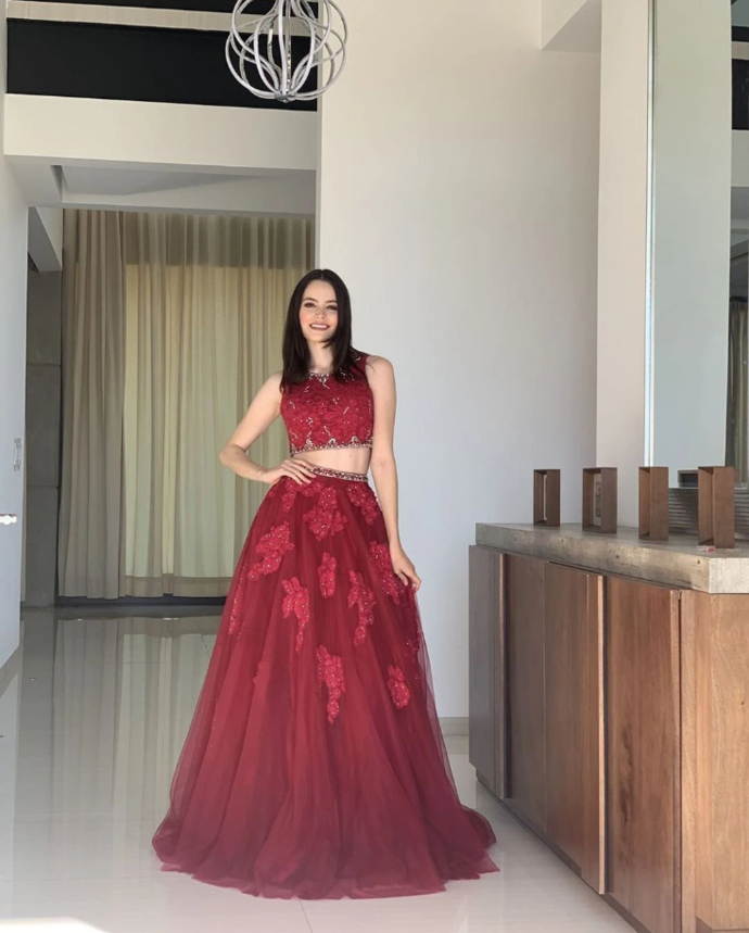 Zweiteiliges Burgunder-Ballkleid, Langes Ballkleid, Ballkleid cg13142