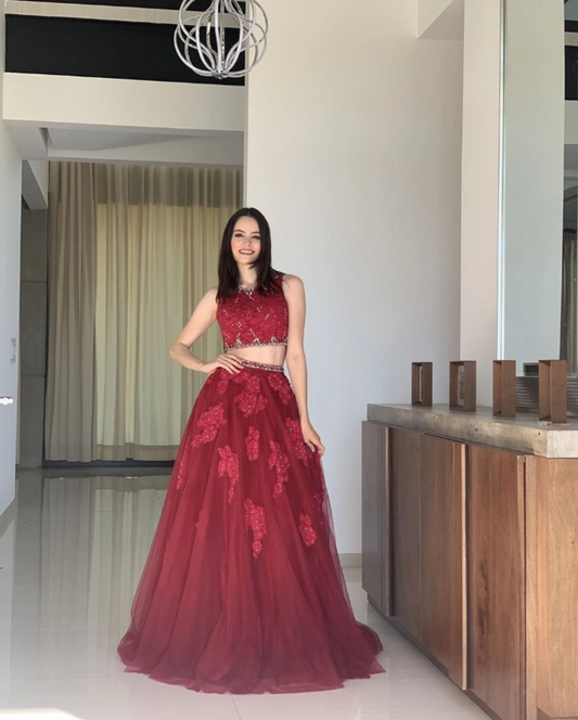Zweiteiliges Burgunder-Ballkleid, Langes Ballkleid, Ballkleid cg13142