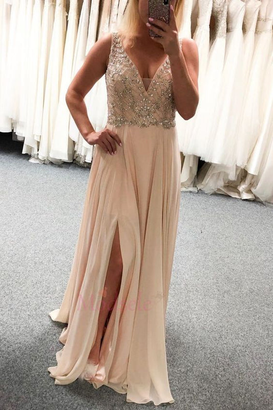 Pfirsichfarbenes, langes Chiffon-Ballkleid mit V-Ausschnitt und Schlitz, cg13151