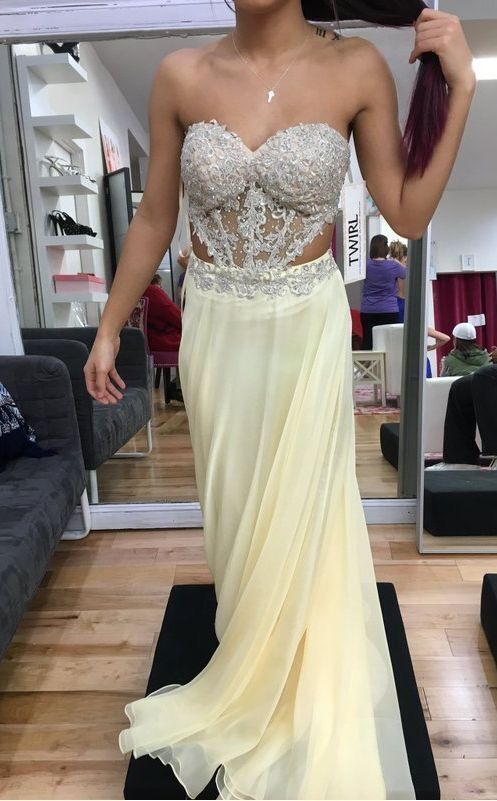 Sexy ärmelloses gelbes Spitzen-Abendkleid, lange Ballkleider cg13170