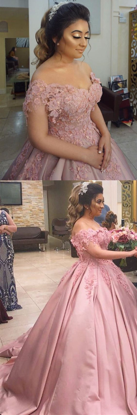 Charmantes schulterfreies Ballkleid mit rosa Applikationen cg13171