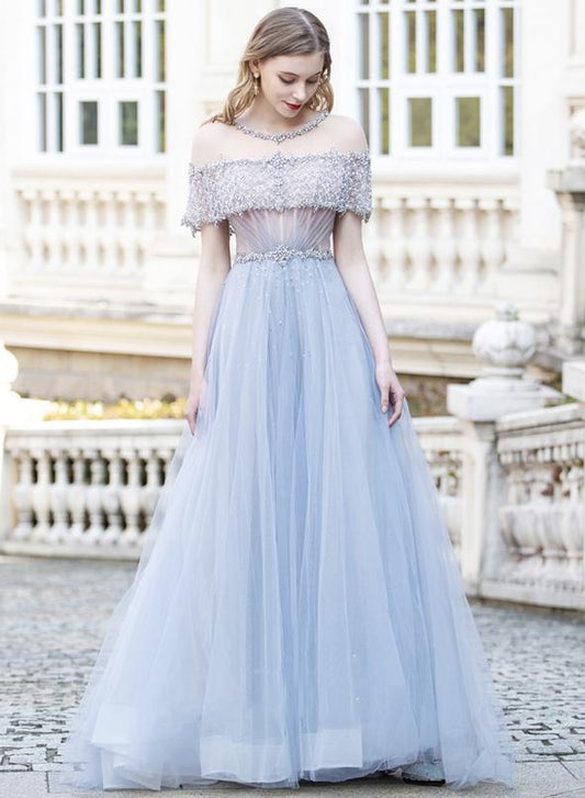 Graues Tüllperlen langes Ballkleid Abendkleid cg13172