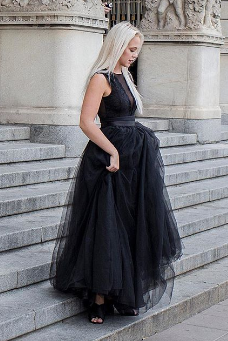 Schwarzes Ballkleid, A-Linien-Ballkleid, O-Ausschnitt-Abendkleid, Tüll-Ballkleid cg13180
