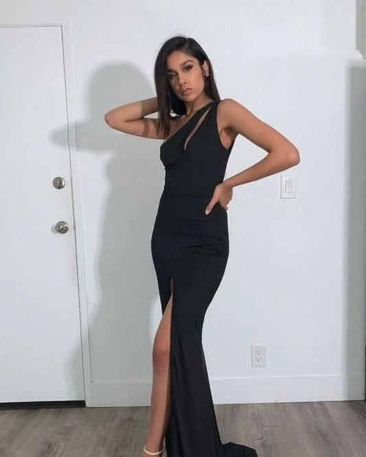 Abendkleid im Meerjungfrau-Stil mit einer Schulter und seitlichem Schlitz, langes schwarzes Ballkleid cg13183