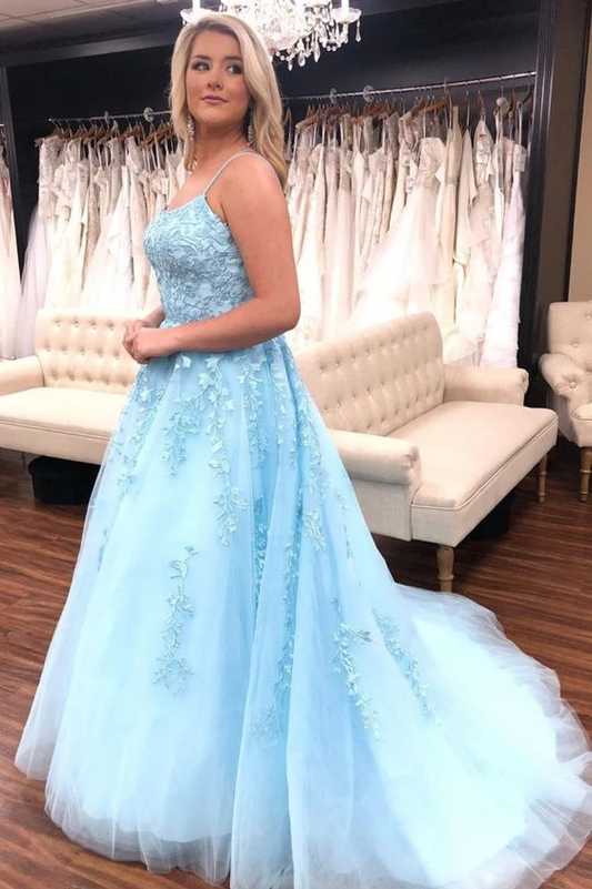 Hellblaues langes Ballkleid in A-Linie mit Spaghettiträgern cg12187