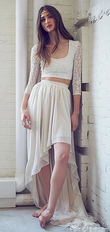 Two Piece High Low Lace Chiffon Ivory Boho Beach Wedding prom Dresses cg13196