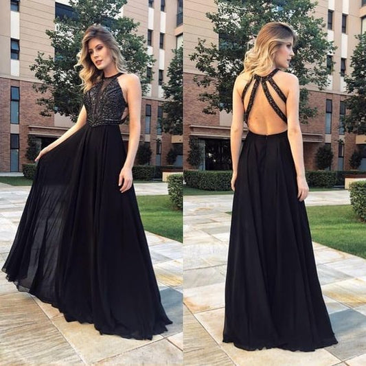Schwarzes langes Ballkleid mit Perlenbesatz cg13206