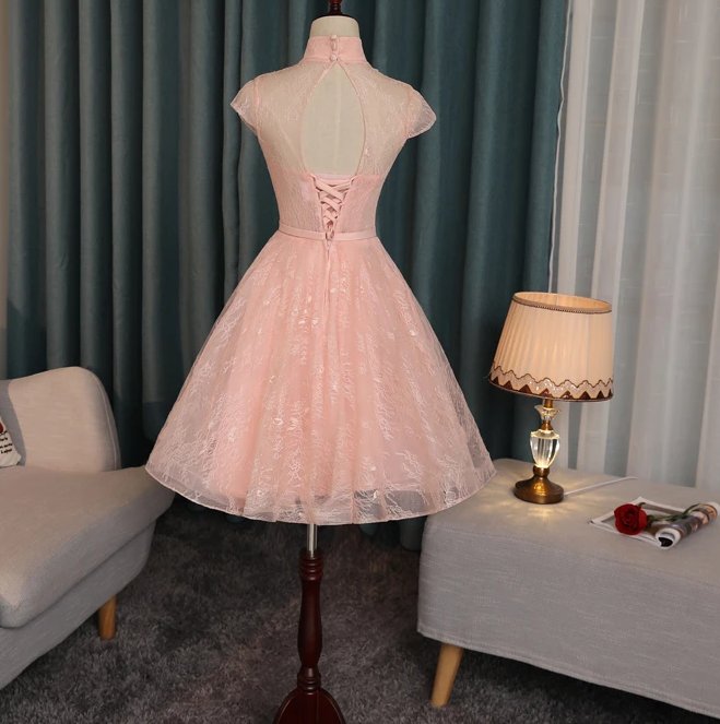 Pink Lace High Neckline Short Homecoming Dress, Lace Lovely Formal Dresses cg13209