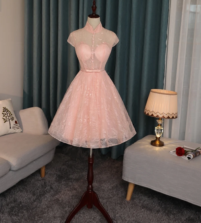 Pink Lace High Neckline Short Homecoming Dress, Lace Lovely Formal Dresses cg13209