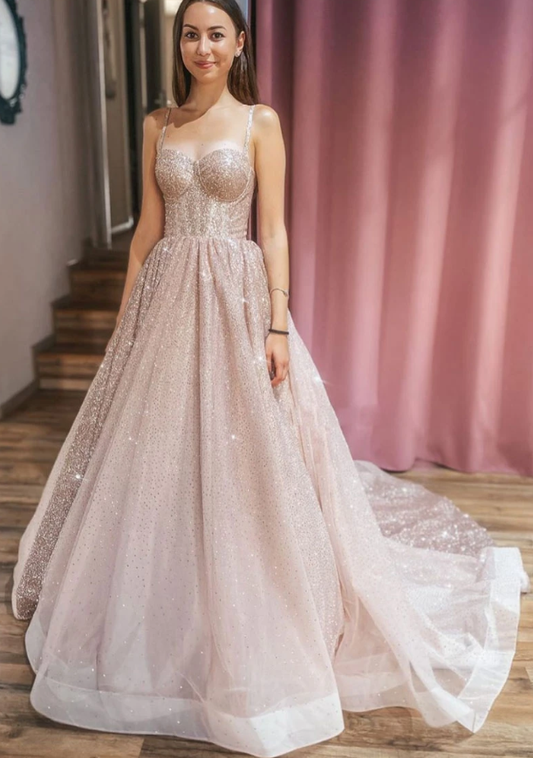 Champagner Herzausschnitt Tüll Pailletten langes Ballkleid Tüll Abendkleid cg13210