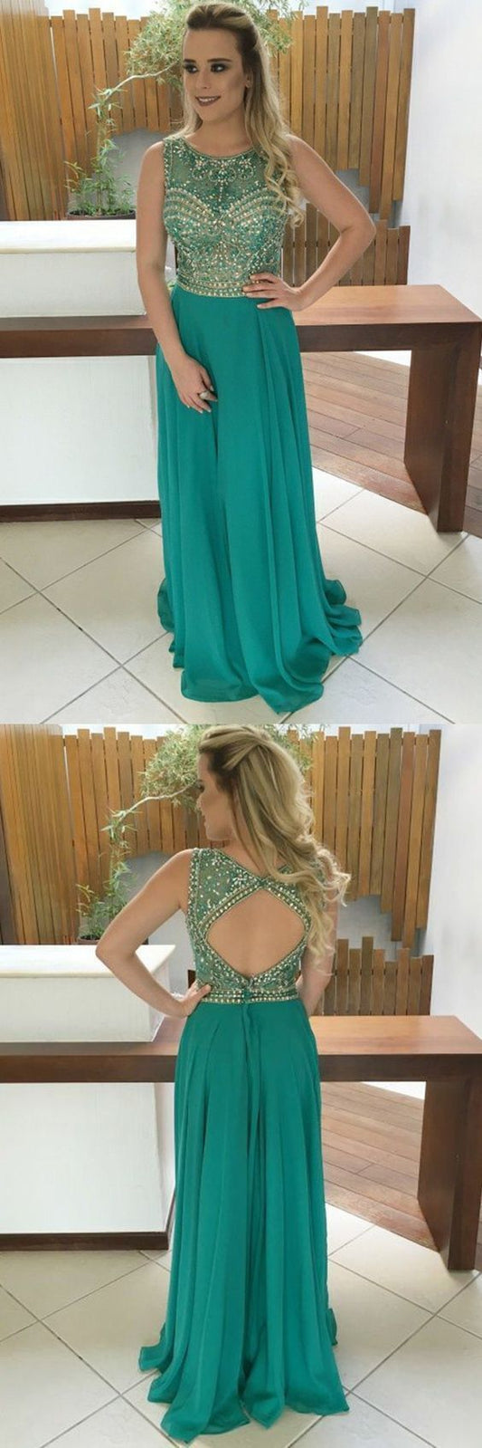 A-Linie Juwel Sweep Schleppe Grün Chiffon Open Back Ballkleid mit Perlenbesatz cg13213