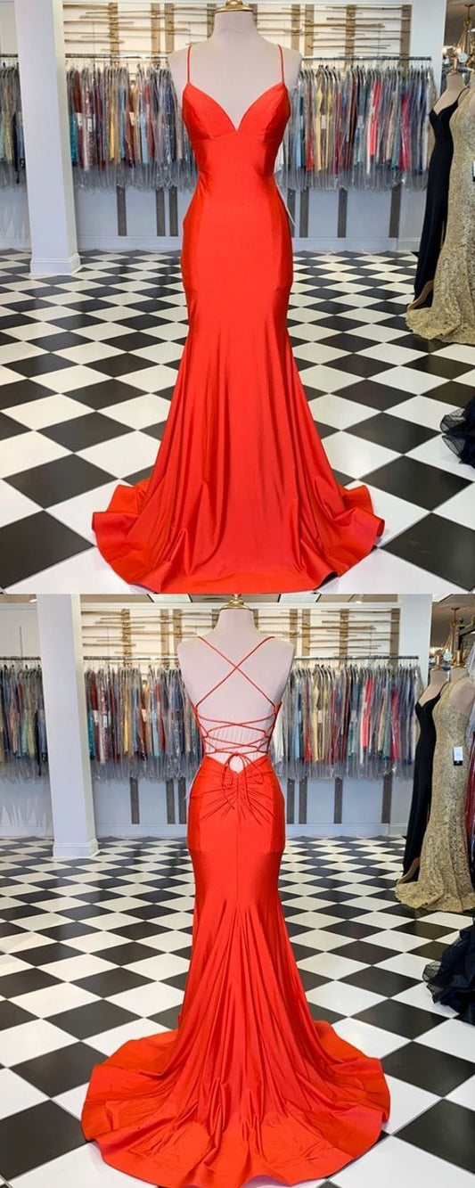 Schlichtes Meerjungfrau-Ballkleid aus Satin mit Spaghettiträgern in Orange cg13217
