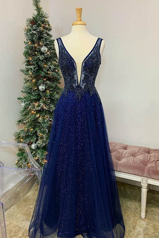 Marineblaue lange Ballkleider Couture Ballkleider Festzug V-Ausschnitt Tüll Perlen Formales Tanzkleid cg13219