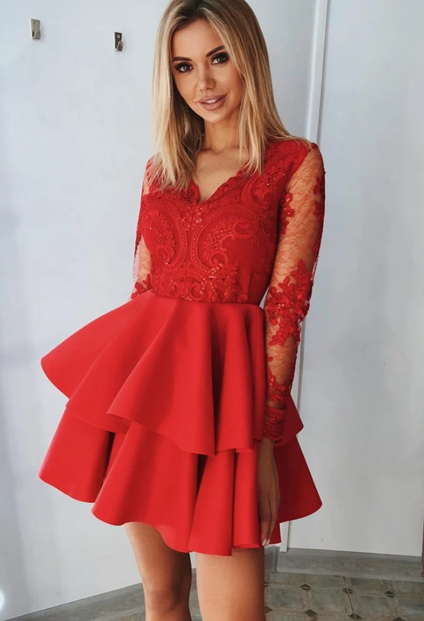 Long Sleeves Red Lace Formal Graduation Homecoming Dress cg13224 classygown Long Sleeves Red Lace Formal Graduation Homecoming Dress cg13224 classygown