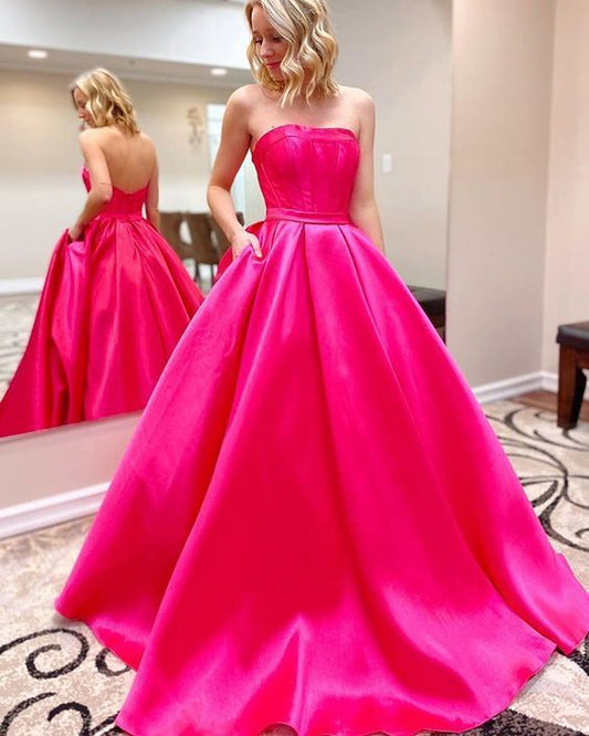 Schlichtes trägerloses Satin-Ballkleid mit Taschen cg13231