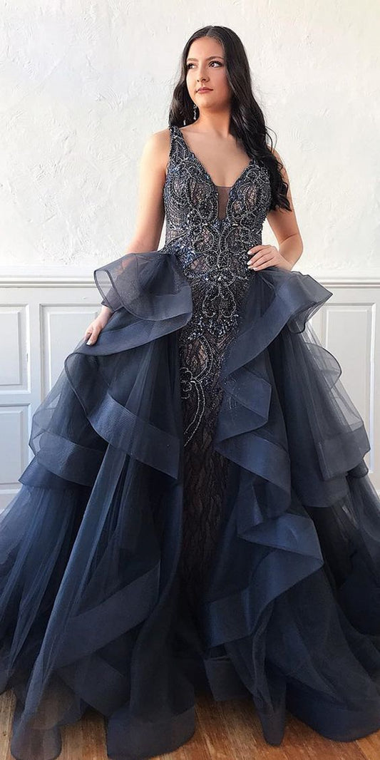 Erstaunliche Spitze Perlen V-Ausschnitt Meerjungfrau Abendkleid Langes Ballkleid cg13242