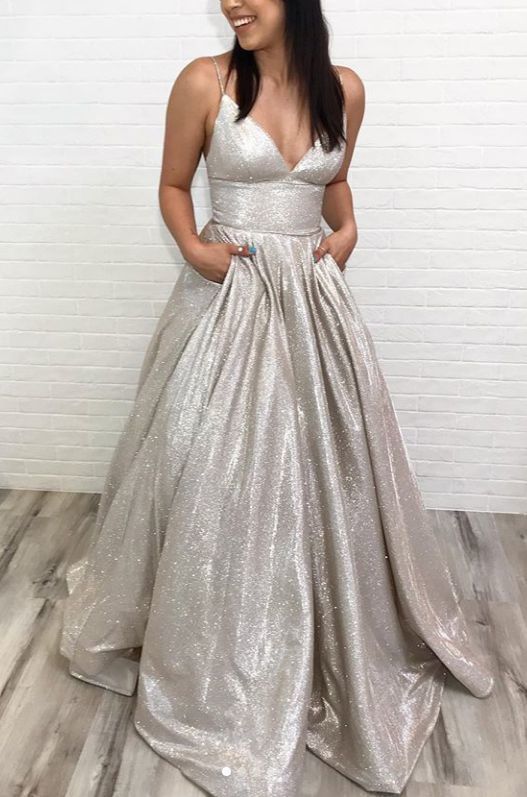 Spaghettiträger V-Ausschnitt Langes Ballkleid Mokka Silber Formales Abendkleid cg13243