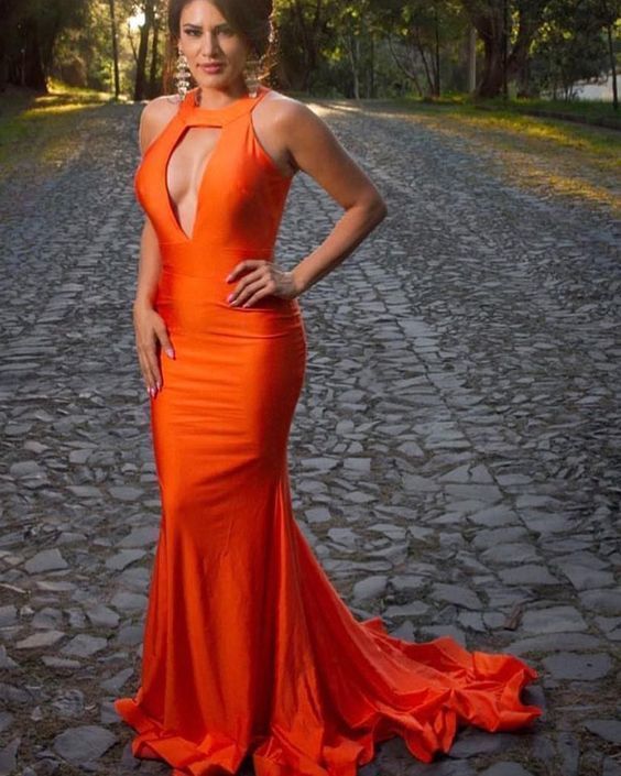Simple High Neck Orange Cutout Satin Mermaid Prom Dress cg13251 Simple High Neck Orange Cutout Satin Mermaid Prom Dress cg13251