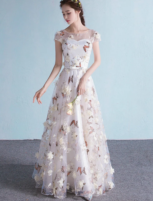 Elegantes Ballkleid mit Blumen, Tüll und Flügelärmeln, langes A-Linien-Ballkleid cg13260