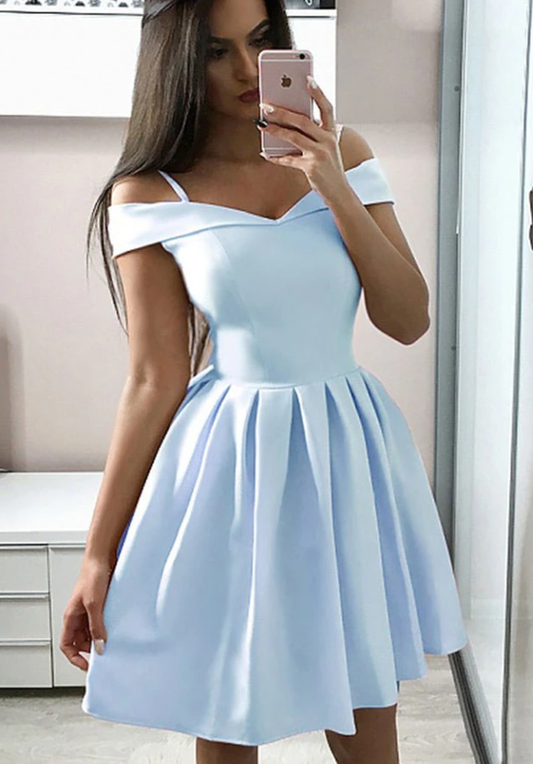 Homecoming-Kleid Blaues schulterfreies Satin-Kurzballkleid blaues Cocktailkleid cg13264