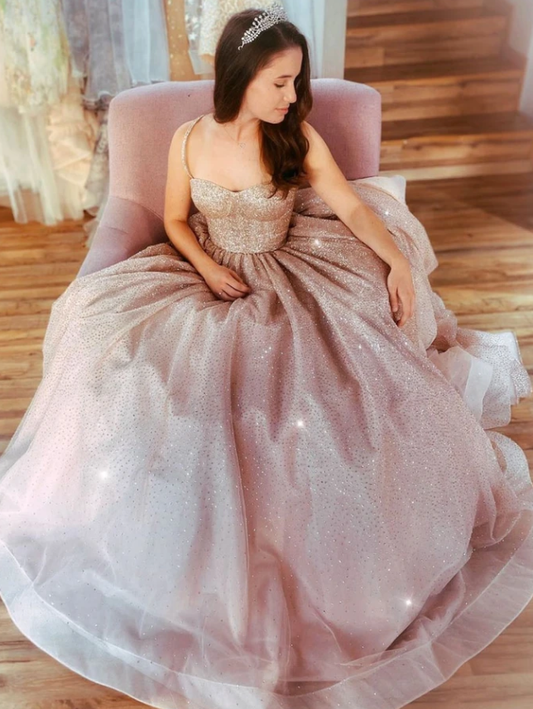 Rosa Herzausschnitt Tüll Pailletten langes Ballkleid Tüll Abendkleid cg13266